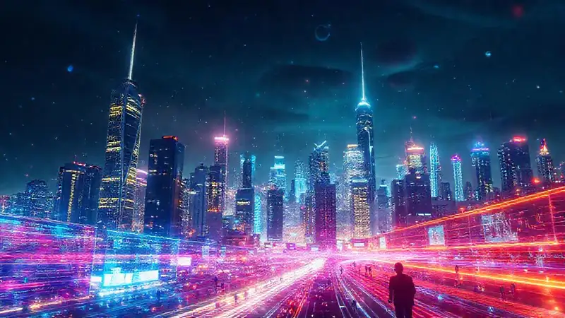 Ciudad futurista, tecnología omnipresente y brillante