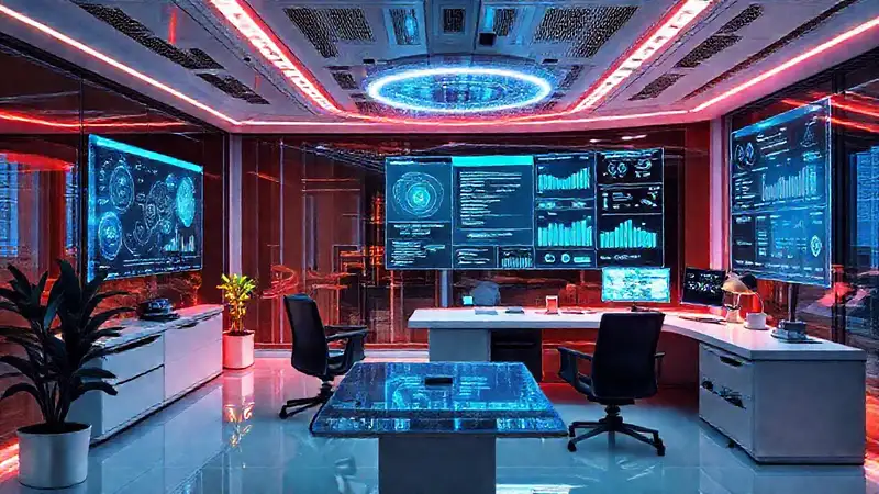 Oficina futurista: tecnología, colaboración y optimismo