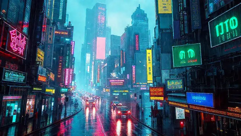 Ciudad cibernética brillante con datos y lluvia