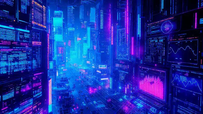 Una ciudad cyberpunk digital y brillante