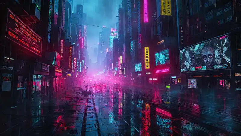 Ciudad cyberpunk digital y melancólica
