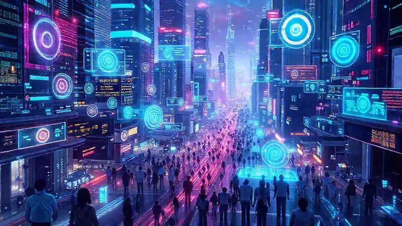 Ciudad futurista con tecnología digital brillante
