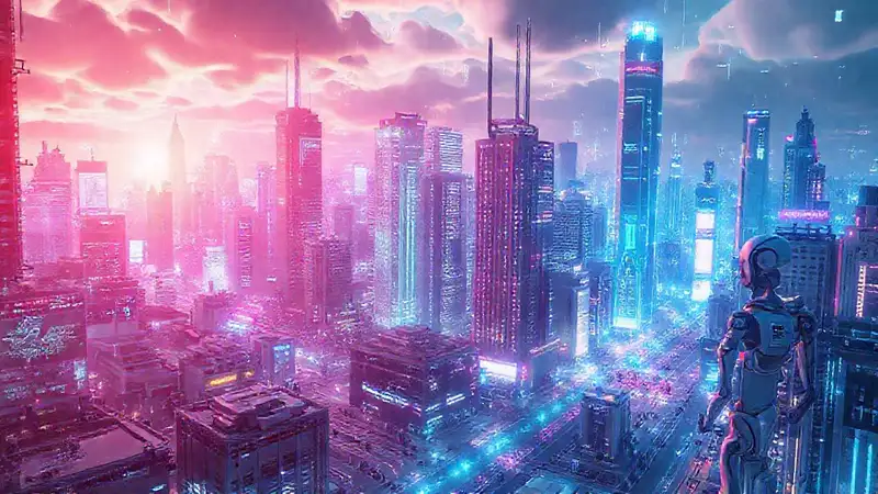 Ciudad futurista y digitalmente vibrante