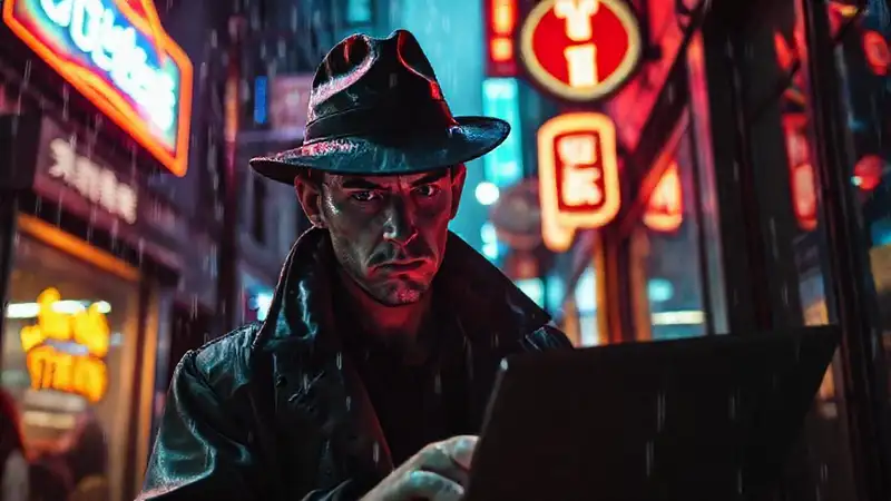 Detective cibernético en ciudad lluviosa y oscura