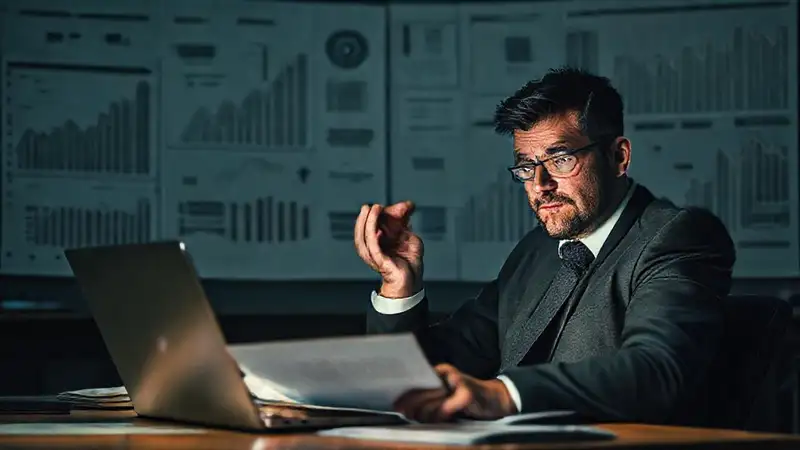 Un hombre abrumado analiza datos financieros