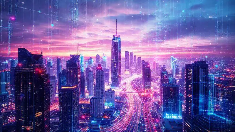 Ciudad futurista: tecnología digital brillante