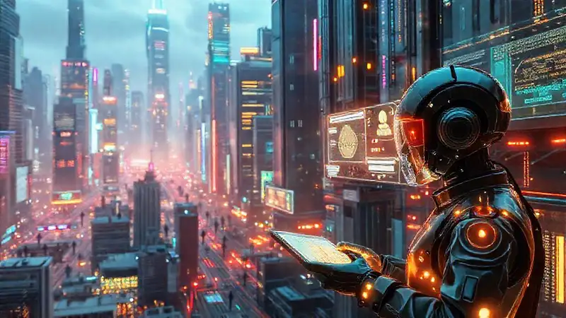 Ciudad futurista digital y vibrante