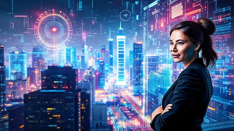 Ciudad futurista y datos digitales vibrantes