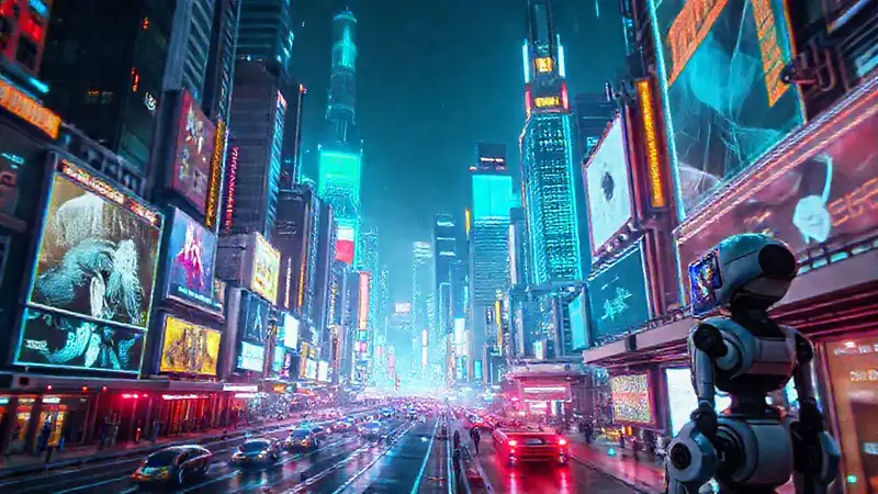 Ciudad futurista digitalmente brillante y optimista