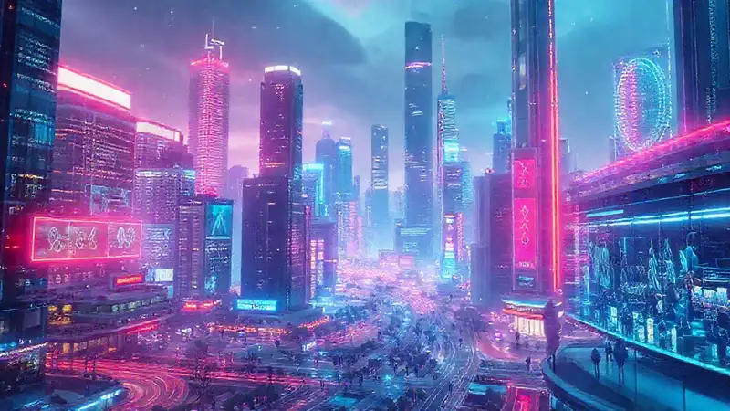Ciudad futurista digitalmente brillante y dinámica