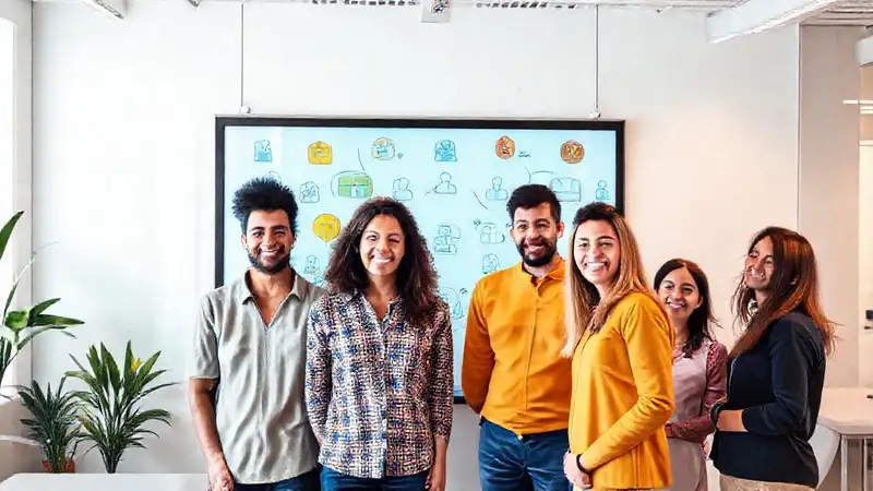 Equipo diverso colabora en un espacio brillante