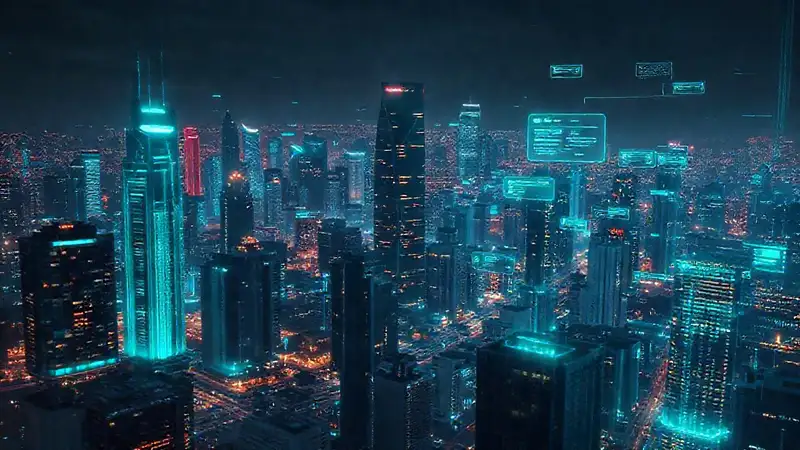 Ciudad futurista digital, brillante y teal