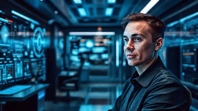 Un trabajador humano observa una oficina futurista