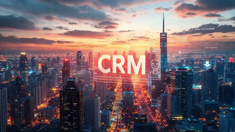Ciudad futurista, CRM digital, clientes felices