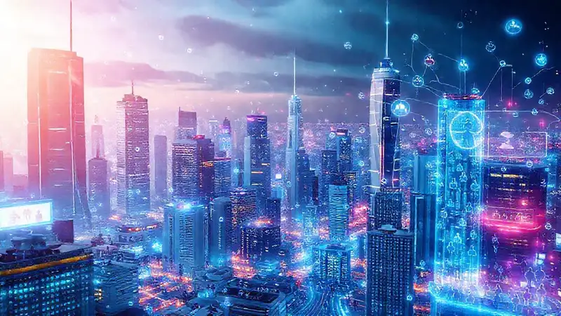 Ciudad futurista digitalmente vibrante y diversa