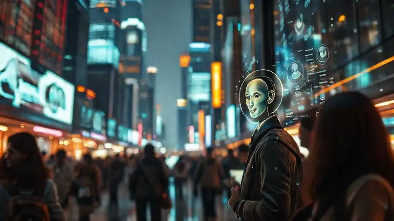Ciudad futurista, luces cálidas y optimista