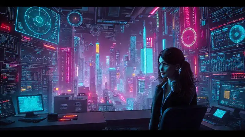 Una ejecutiva observa la ciudad digital