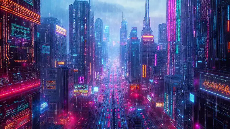 Ciudad futurista digitalmente vibrante y robótica