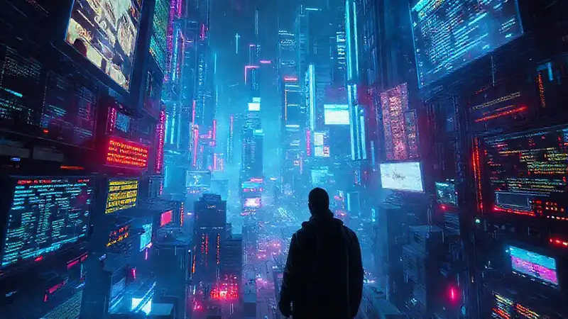 Ciudad cyberpunk: caos digital y sombras