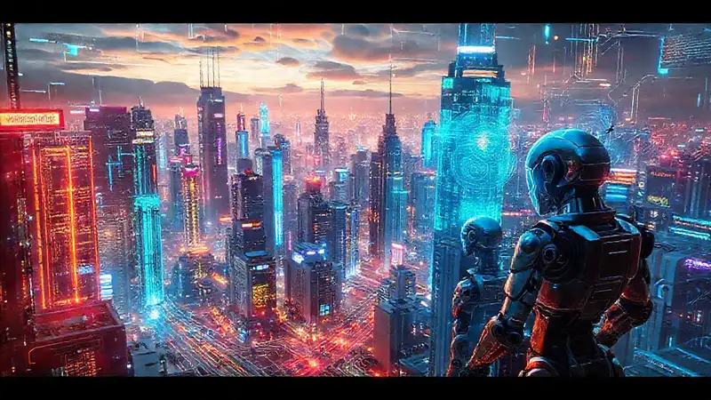 Una ciudad futurista irradia tecnología vibrante