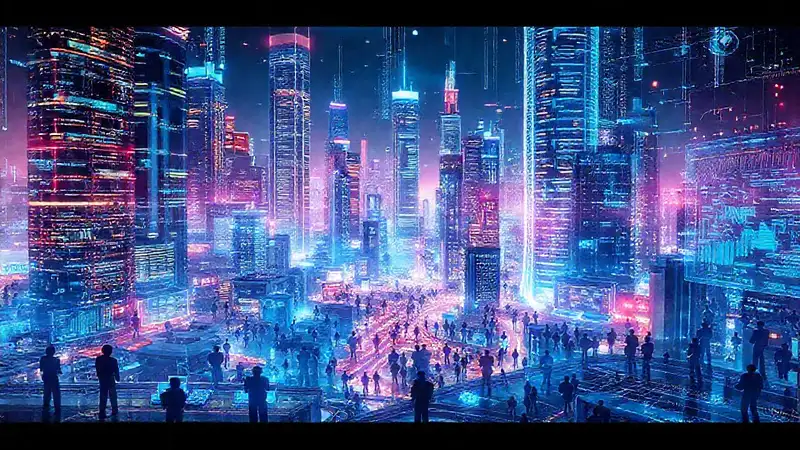 Ciudad futurista, datos brillantes y tecnológicos