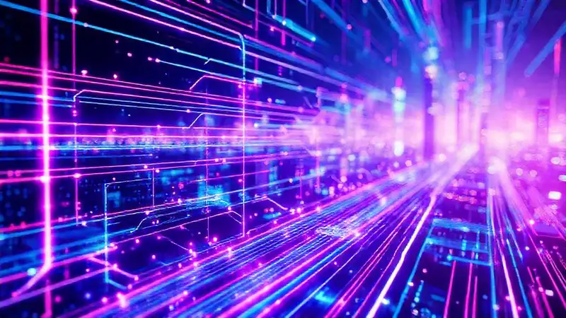 Circuito digital futurista emite datos vibrantes