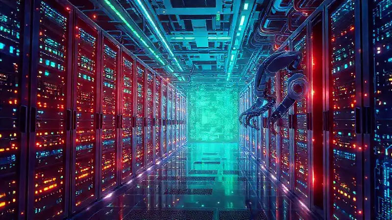 Centro de datos futurista: tecnología luminosa y precisa