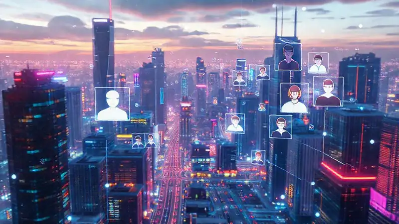 Ciudad futurista digitalmente conectada y vibrante