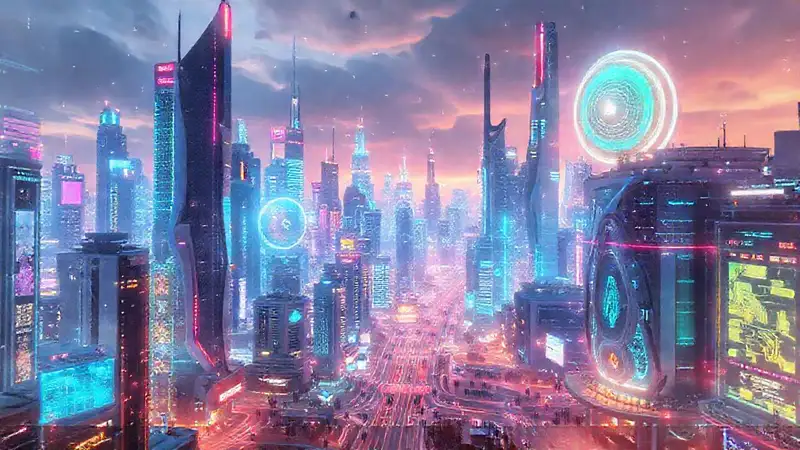 Ciudad futurista, tecnología y color digital