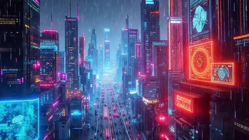 Ciudad futurista digitalmente saturada y brillante