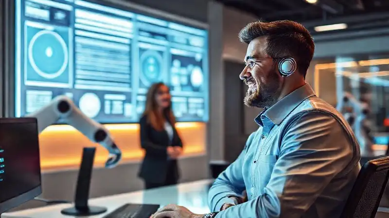 Oficina futurista, clientes felices y datos