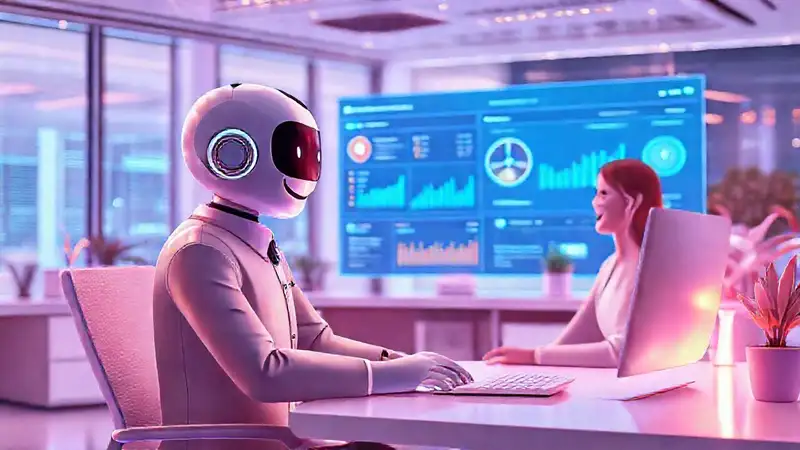 Oficina futurista: cliente feliz, datos brillantes