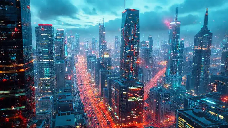 Ciudad futurista digitalmente vibrante e interactiva
