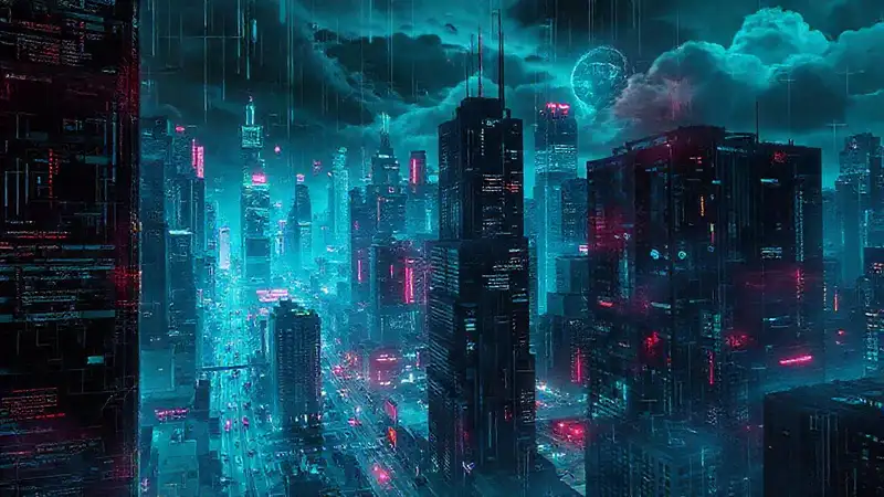 Ciudad cyberpunk oscura y digitalmente decadente