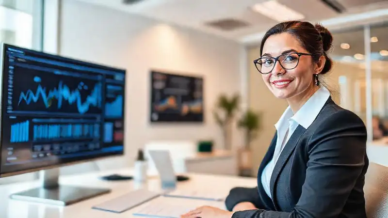 Mujer ejecutiva visualiza datos estratégicamente