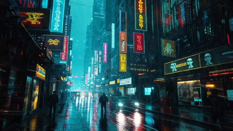 Ciudad cyberpunk digital, oscura y caótica
