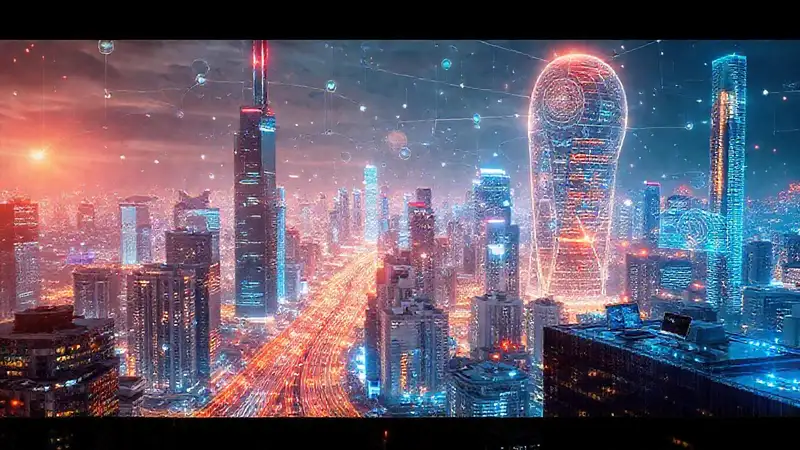 Ciudad futurista digital, conectada y vibrante