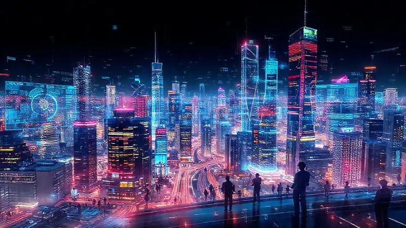 Ciudad futurista con datos brillantes