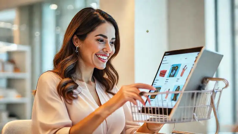 Mujer elegante compra felizmente online