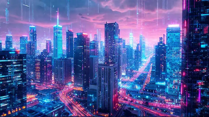 Ciudad futurista digitalmente brillante y abstracta